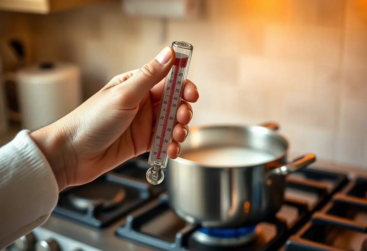 Une main tenant un thermomètre à mercure dans une cuisine