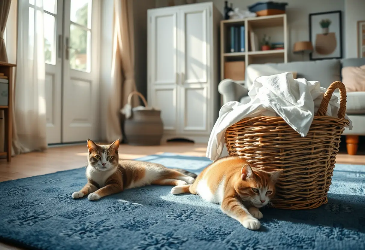 Chambre avec tapis bleu et panier de linge propre