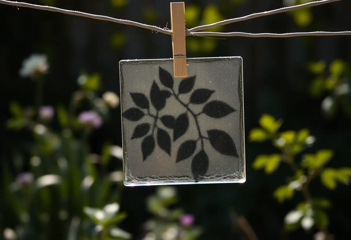 Cadre de verre accroché à une corde à linge dans un jardin, texte alternatif pour la construction d'un tue-mouche