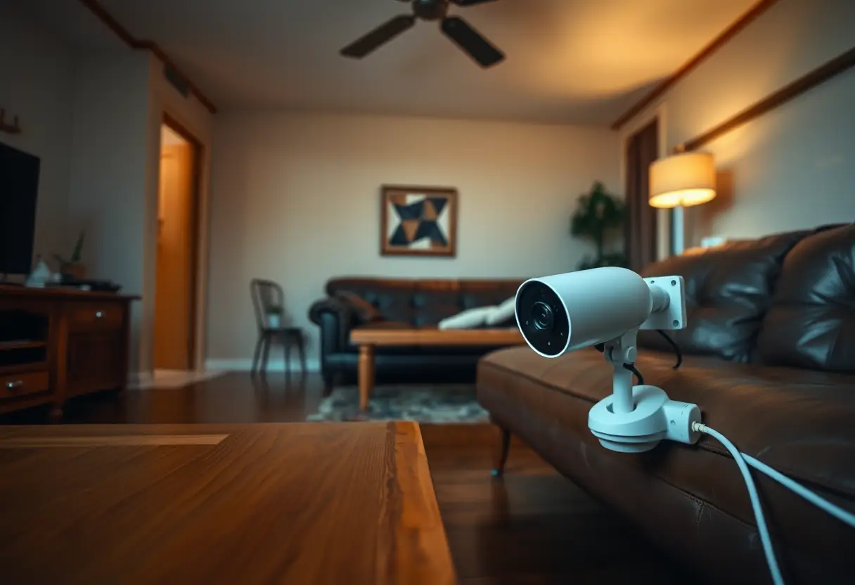 Caméra de surveillance déconnectée dans un salon chaleureusement éclairé