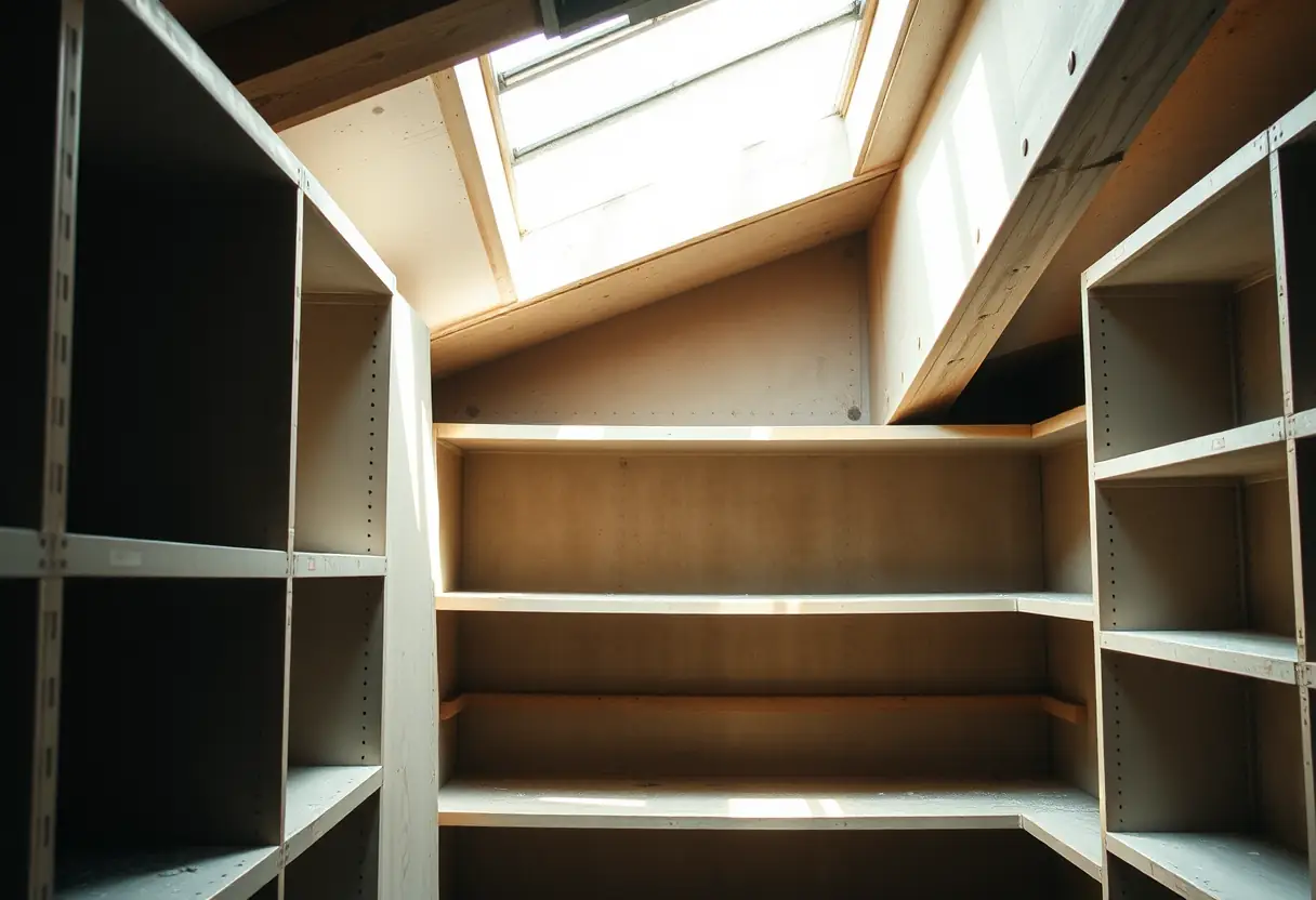 Des étagères vides dans un grenier avec la lumière du soleil filtrant par une verrière